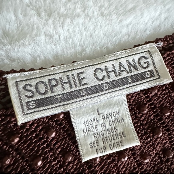 Sophie Chang Studio Women's Brown Sleeveless Mesh Knit Beaded Blouse Size Large - Picture 8 of 11